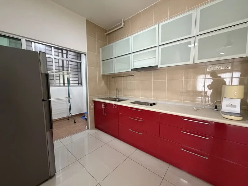 Kitchen features: red flat-panel cabinets, white countertop, stainless-steel sink, chrome pull-down faucet, built-in oven, freestanding fridge, ceramic tile flooring, wall-mounted cabinets with glass fronts, recessed downlights, window with metal grille, open layout to adjacent space; style: modern.