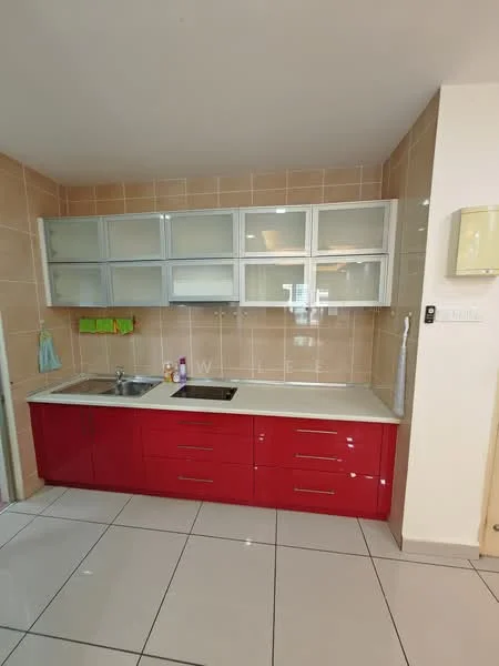 Kitchen features: red cabinetry with glossy finish, white countertop, stainless-steel double-bowl sink, chrome pull-down faucet, glass-front upper cabinets, ceramic tile flooring, cream tiled walls, built-in wall-mounted light fixture; style: modern.
