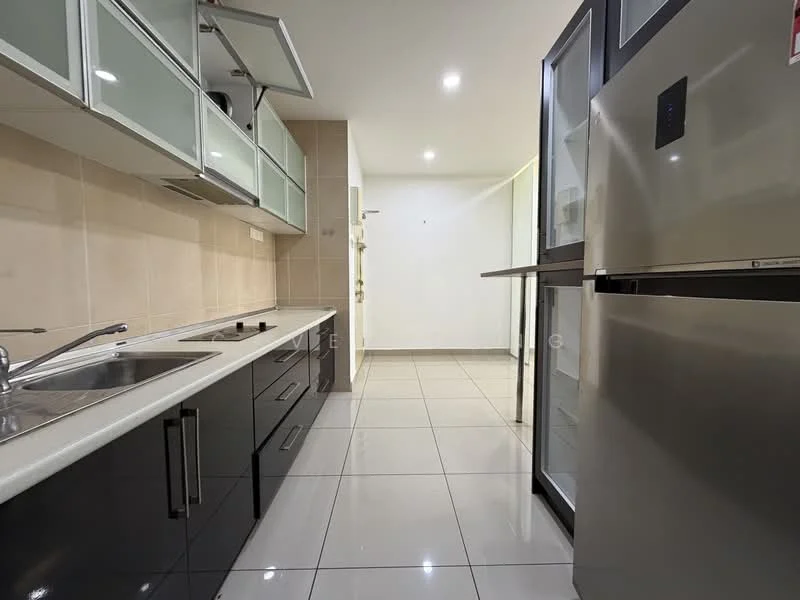 Kitchen features: single-bowl stainless-steel sink, chrome pull-down faucet, white quartz countertop, black cabinetry with flat-panel doors, stainless-steel fridge, built-in oven, ceramic tile flooring, recessed LED downlights, glass upper cabinets, neutral tiled backsplash; style: modern.