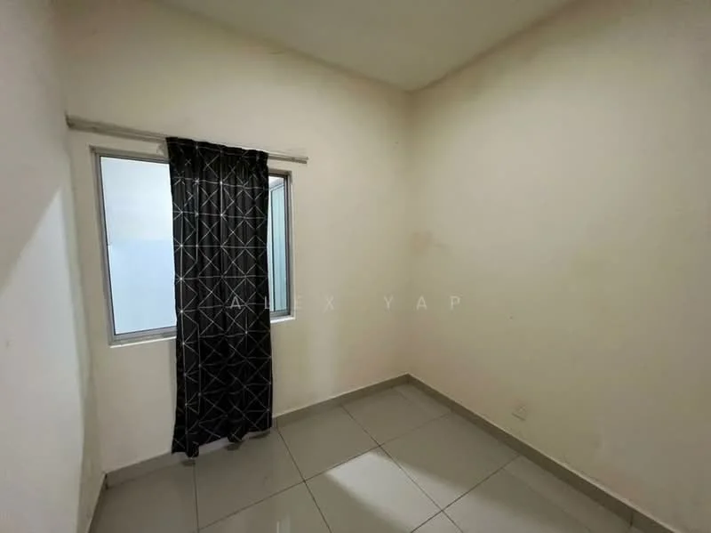 Room features: white painted walls, grey floor tiles, single window with sheer curtains, black patterned curtain, corner room, no visible furniture.