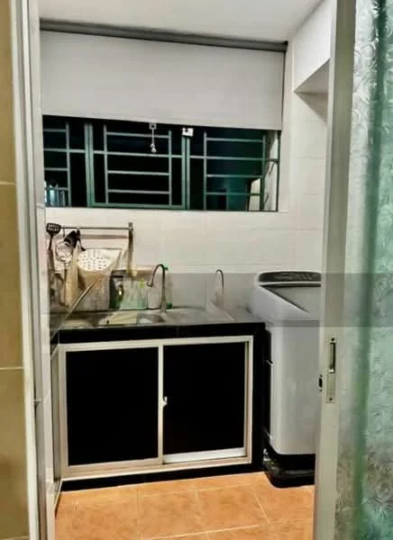 Laundry features: black cabinetry with sliding doors, double-bowl stainless-steel sink, chrome faucets, washing machine, tile flooring, white tiled walls, window with metal grilles, roller blinds; style: modern.