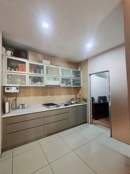 Kitchen features: L-shaped kitchen layout, white laminate cabinetry, glass-front upper cabinets, grey lower cabinets, black countertop, built-in stove, wall-mounted oven, single-bowl stainless-steel sink, chrome pull-down faucet, tile backsplash, recessed LED downlights, ceramic tile flooring, open shelving, kitchen appliances visible; style: modern.