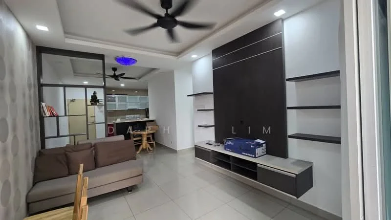 Living features: 3-seater fabric sofa in grey, ceiling fan with light, wall-mounted TV unit with shelves, light grey tiled flooring, recessed lighting, decorative ceiling feature with blue lighting, open layout to kitchen, large window with natural light; style: modern.
