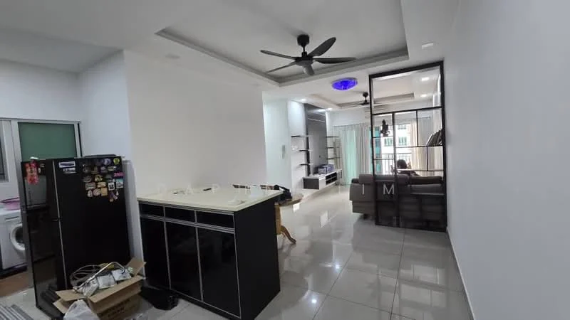 Kitchen features: black cabinetry, white countertop, stainless-steel fridge, open shelving, tile flooring, recessed downlights; style: modern. Living features: 3-seater fabric sofa in grey, coffee table, TV console, wall-mounted TV, ceiling fan, tile flooring, large windows, decorative lighting; style: modern.