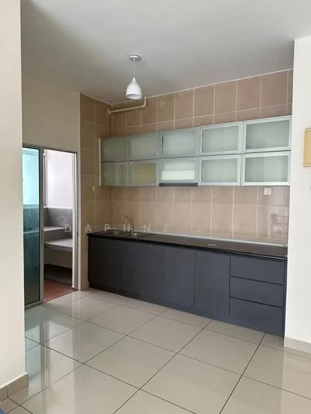 Kitchen features: dark cabinetry, white countertop, single-bowl stainless-steel sink, chrome pull-down faucet, glass-front upper cabinets, tile backsplash, ceramic tile flooring, recessed downlights, open shelving, built-in cabinets, window with natural light, space for refrigerator; style: modern.