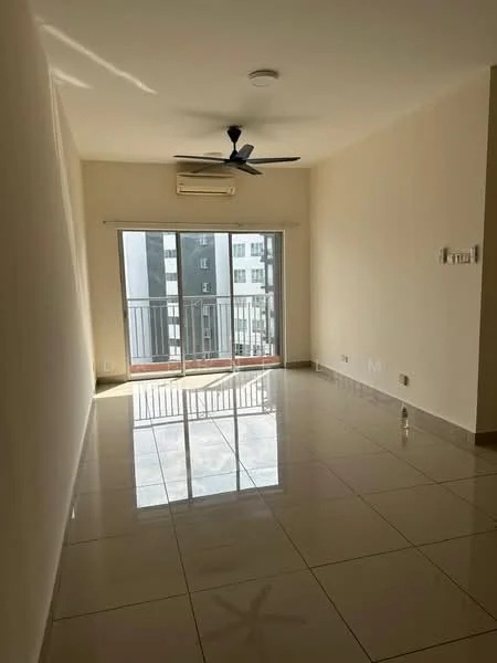 Living features: white painted walls, glossy ceramic tile flooring, 5-blade ceiling fan with light, wall-mounted split AC, floor-to-ceiling sliding glass door, balcony access, natural light from large window, neutral color scheme; style: modern; view: city.