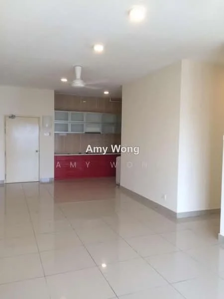Living features: white painted walls, glossy ceramic tile flooring, recessed downlights, 5-blade ceiling fan, built-in cabinetry with glass doors, open layout, neutral color scheme, door leading to hallway; style: modern.