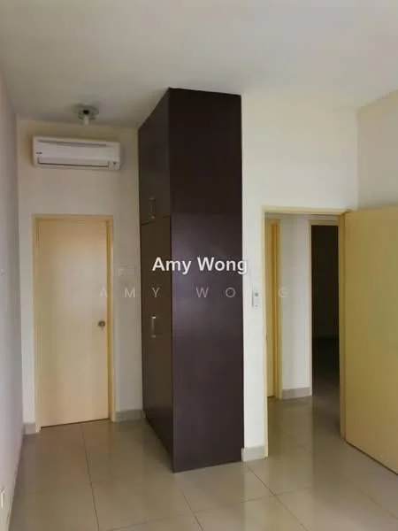 Room features: cream painted walls, light-colored tiled flooring, 1 wall-mounted split AC, wooden door, built-in wardrobe, neutral color scheme; style: modern.