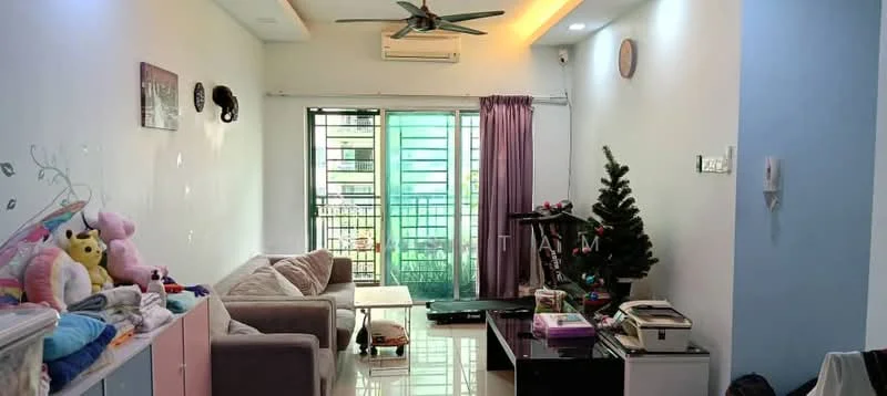 Living features: 3-seater fabric sofa in light grey, coffee table, TV console, wall-mounted TV, ceiling fan with light, sliding glass door, floor-to-ceiling windows, curtains in purple, decorative wall clock, decorative wall art, ceramic tile flooring, greenery view from window, Christmas tree; style: modern; view: garden.