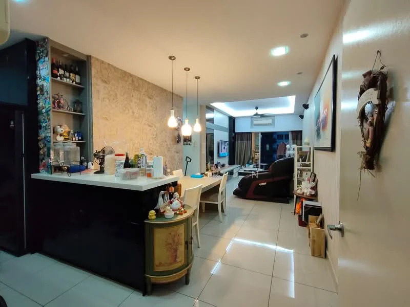 Kitchen features: black glossy cabinetry, white countertop, pendant lighting, open shelving, stainless-steel fridge, built-in oven, ceramic tile flooring, decorative wall with floral pattern, dining table with chairs, kitchen island, wall-mounted air conditioning unit; style: modern. Living features: sofa, coffee table, TV console, decorative wall art, curtains, area rug; style: modern.