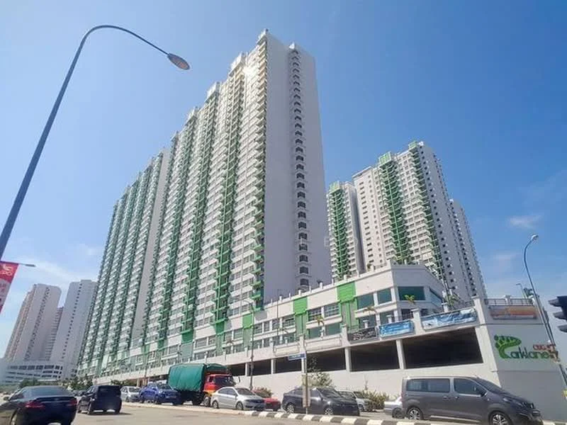 Exterior type: high-rise condominium; features: glass curtain wall, green accent panels, multiple balconies, parking deck, street-level retail space, surrounded by urban landscape, approximately 20-storey high-rise; style: modern.
