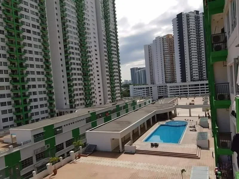 Exterior type: high-rise condominium; features: swimming pool, pool deck with loungers, multiple high-rise buildings, landscaped area, open-air parking lot, manicured lawn, balconies on buildings, surrounding urban context; style: modern.