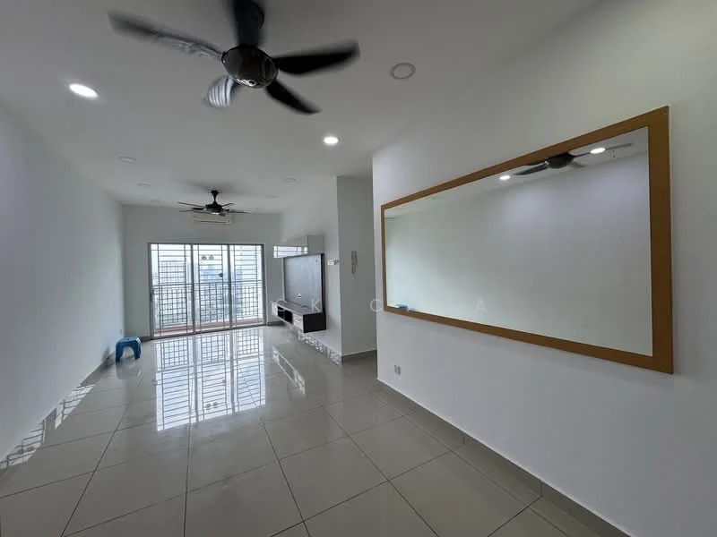 Living features: white painted walls, glossy ceramic tile flooring, 5-blade ceiling fan with light, wall-mounted TV, large mirror, floor-to-ceiling windows, sliding glass door, natural light from windows, open layout, neutral color scheme; style: modern.