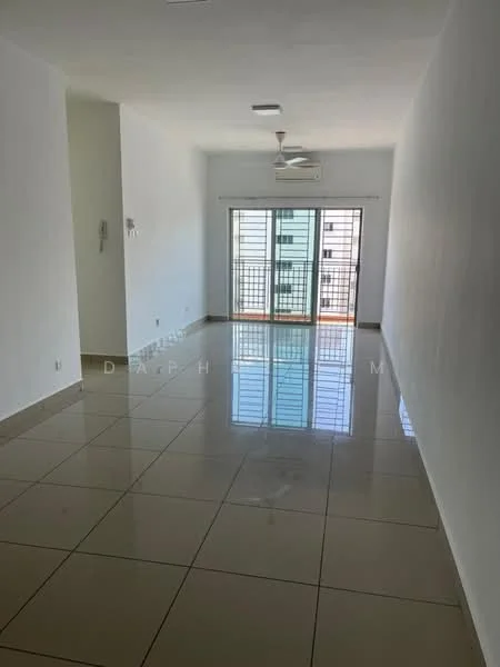 Living features: white painted walls, polished ceramic tile flooring, 5-blade ceiling fan with light, floor-to-ceiling sliding glass door, window with grid pattern, natural light from windows, neutral color scheme, open layout; style: modern; view: city.