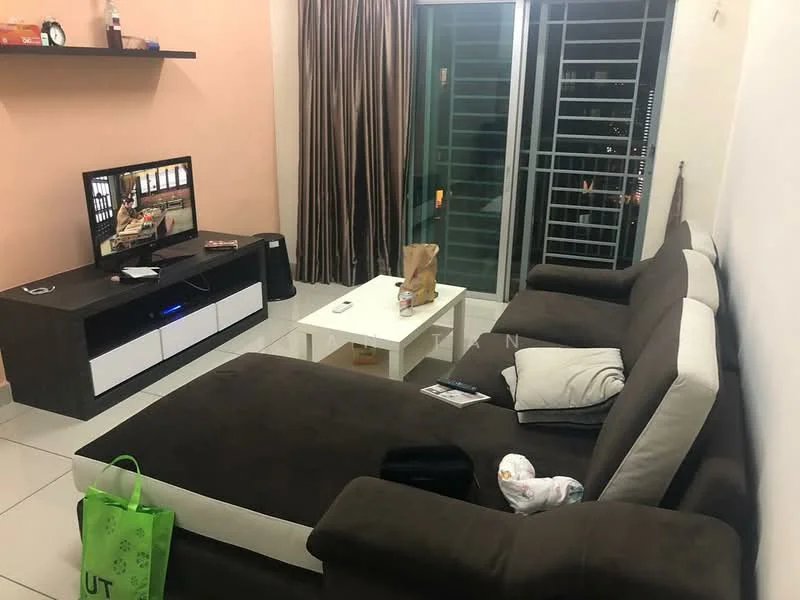 Living features: L-shape sectional sofa in dark brown, white coffee table, TV console with white and black finish, wall-mounted flat-screen TV, floor-to-ceiling windows, curtains in brown, decorative wall shelf, ceramic tile flooring, area rug, decorative cushions; style: modern; view: city.
