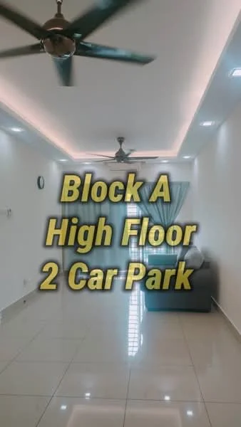 Living features: white painted walls, glossy ceramic tile flooring, 5-blade ceiling fan with light, recessed LED downlights, large window with sheer curtains, sofa in grey fabric, decorative wall clock, crown moulding, LED strip lighting along ceiling; style: modern.