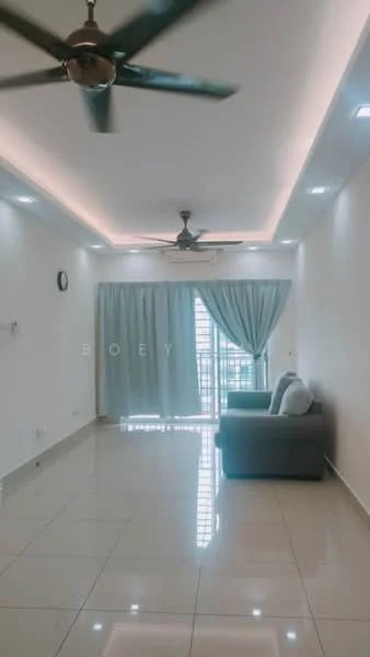 Living features: white painted walls, glossy ceramic tile flooring, recessed downlights, 5-blade ceiling fan, curtains, sofa in grey, wall clock, large windows with city view; style: modern; view: city.