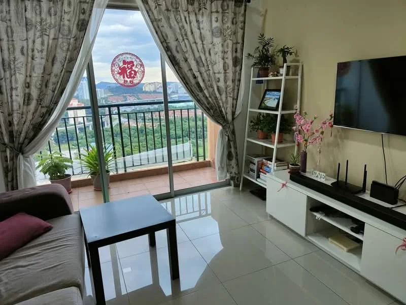 Living features: floor-to-ceiling windows, curtains with floral pattern, grey fabric sofa, coffee table, wall-mounted TV, TV console in white, decorative plants, shelf with books and decor, ceramic plant pots, area rug, tile flooring, city view from window; style: modern; view: city.