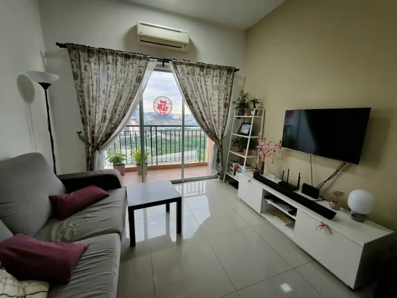 Living features: grey fabric sofa, 2 purple throw pillows, black coffee table, white TV console, wall-mounted TV, floor-to-ceiling windows, sheer curtains, balcony view, air conditioning unit, decorative plants; style: modern; view: city.