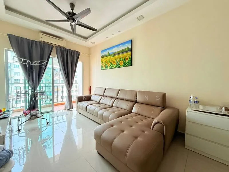 Living features: L-shape sectional sofa in beige, coffee table, floor-to-ceiling windows, sliding glass door, curtains, ceiling fan, wall-mounted artwork, white painted walls, glossy tile flooring, air conditioning unit; style: modern; view: city.