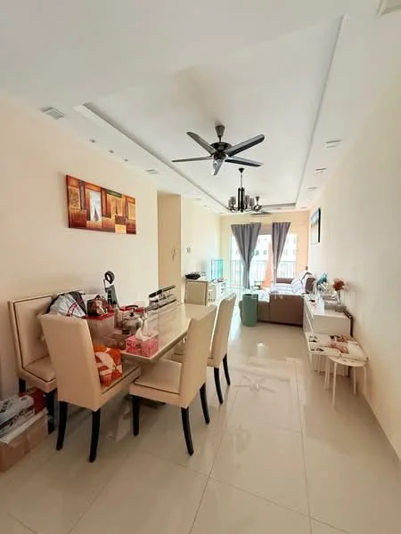 Dining features: 4-seater dining table with cream upholstered chairs, ceiling fan with light, white painted walls, recessed ceiling with LED lights, large windows with sheer curtains, tile flooring, decorative artwork on wall, sideboard with decorative items; style: modern. Living features: L-shape sectional sofa in brown, coffee table, TV console, decorative items on shelves, large windows with sheer curtains, tile flooring; style: modern.