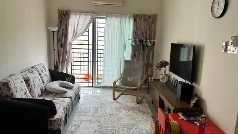 Living features: 3-seater fabric sofa with floral pattern, 2-seater dark brown sofa, area rug with geometric pattern, wall-mounted TV, wooden TV console, floor-to-ceiling windows, sheer curtains, sliding glass door, wooden rocking chair, wall clock, decorative plant, small red dining table, clothes rack; style: modern; view: city.