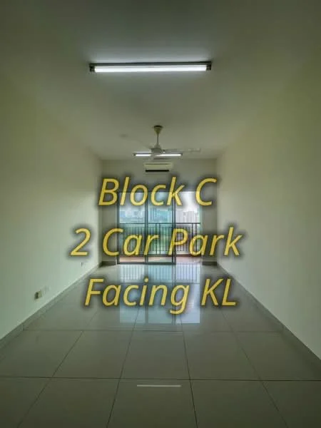 Room features: white painted walls, grey tiled flooring, ceiling fan, 2 ceiling lights, floor-to-ceiling windows, sliding glass door, balcony access, view of KL; view: city.