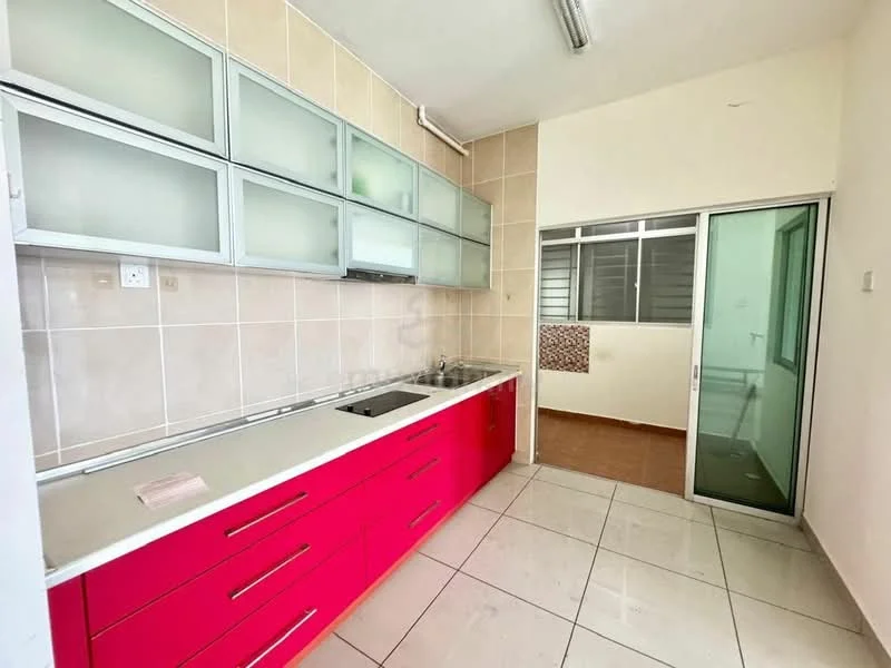 Kitchen features: red cabinetry with glass upper cabinets, stainless-steel sink, chrome pull-down faucet, white countertop, ceramic tile flooring, wall-mounted cabinets, tile backsplash, window with metal frame, sliding glass door, neutral painted walls, recessed lighting; style: modern.