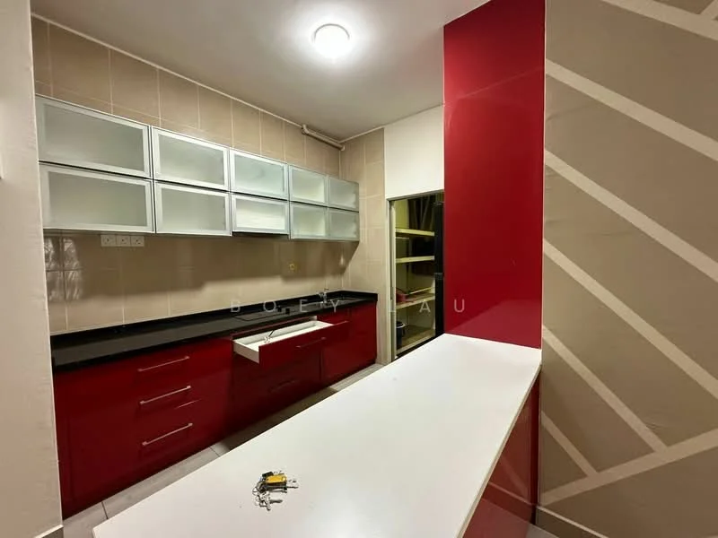 Kitchen features: red cabinetry, black countertop, white island countertop, glass upper cabinets, built-in shelving, recessed ceiling light, tile backsplash, floor tiles; style: modern.