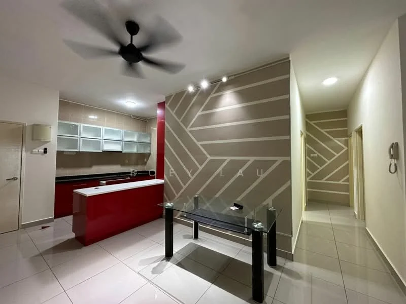 Kitchen features: red cabinetry, white upper cabinets, black countertop, stainless-steel sink, chrome faucet, ceramic tile flooring, recessed downlights, 5-blade ceiling fan, wall with geometric pattern, open layout to dining area; style: modern. Dining features: glass dining table, black legs on dining table, tile flooring, wall with geometric pattern; style: modern. Hallway features: tile flooring, neutral wall color, doorway to other rooms.