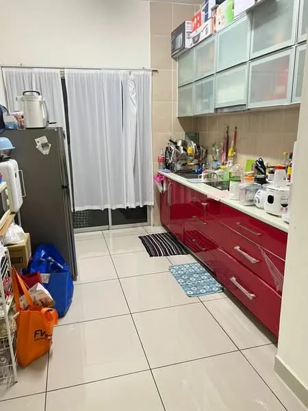 Kitchen features: red flat-panel cabinets, white countertop, stainless-steel fridge, built-in microwave, kettle, toaster, dishwasher, ceramic tile flooring, white walls, sliding glass door, sheer curtains, multiple utensils and kitchenware, blue patterned mat; style: modern.