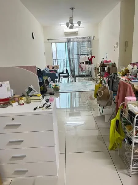 Room features: white painted walls, glossy tile flooring, ceiling light fixture, sliding glass door, floor-to-ceiling windows, balcony access, various furniture items, decorative items on surfaces, multiple seating areas, open layout, natural light from windows; style: modern; view: city.