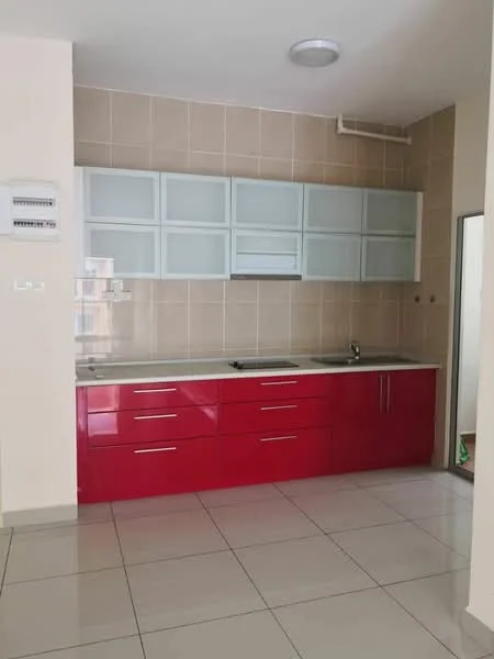 Kitchen features: red cabinetry with flat-panel doors, white countertop, single-bowl stainless-steel sink, chrome pull-down faucet, glass upper cabinets, tile backsplash, ceramic tile flooring, recessed ceiling light, built-in electrical panel, open layout; style: modern.
