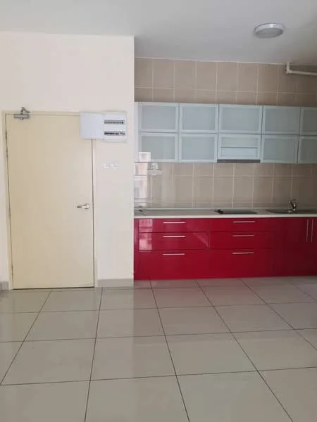 Kitchen features: red cabinetry, glass-front upper cabinets, stainless-steel sink, chrome pull-down faucet, grey countertop, tile backsplash, built-in oven, ceramic tile flooring, recessed downlights, white painted walls, door to hallway; style: modern.