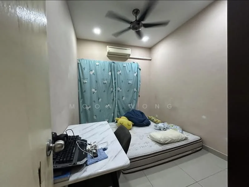 Bedroom features: light grey painted walls, white ceiling, 5-blade ceiling fan, window with blue curtains, single mattress on bed frame, study desk with black chair, marble top on desk, tile flooring, air conditioning unit on wall.
