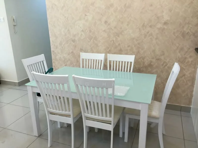 Dining features: white dining table with glass top, 6 white wooden dining chairs, beige textured wall, grey tiled flooring, natural light from window, decorative centerpiece on table; style: modern.