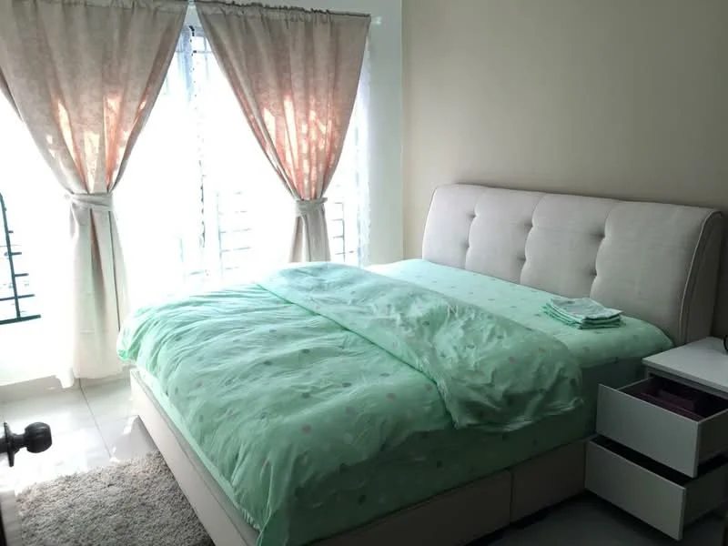Bedroom features: king-size bed with upholstered headboard, light green bedding with polka dots, two bedside tables, white curtains with sheer fabric, floor-to-ceiling windows, light grey area rug, painted walls in neutral color, tile flooring; style: modern.