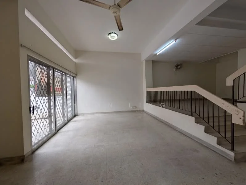 Living features: cream painted walls, marble flooring, 5-blade ceiling fan, floor-to-ceiling windows, sliding glass door, natural light from windows, staircase with wooden railing, recessed ceiling lights; style: modern.