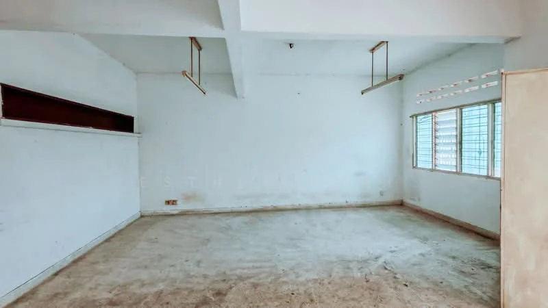 Room features: white painted walls, concrete flooring, exposed ceiling beams, large windows, built-in shelving, natural light from windows.