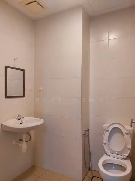 Bathroom features: white tiled walls, cream tiled flooring, wall-mounted sink, chrome faucet, mirror above sink, one-piece toilet, bidet spray, exhaust fan; style: modern.