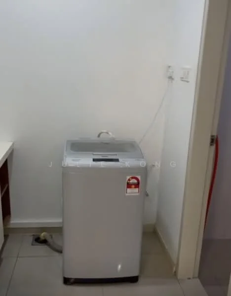 Laundry features: top-load washing machine, white appliance, drain hose, tile flooring, white painted walls, counter space, electrical outlet.