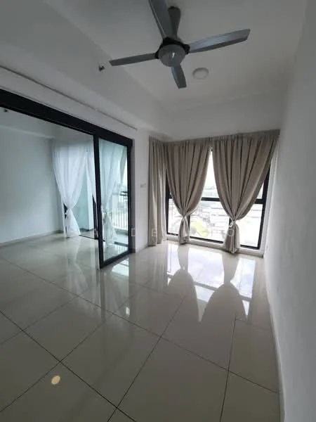 Living features: white painted walls, glossy tile flooring, 5-blade ceiling fan, floor-to-ceiling windows, sheer curtains, blackout curtains, natural light, city view; style: modern; view: city.