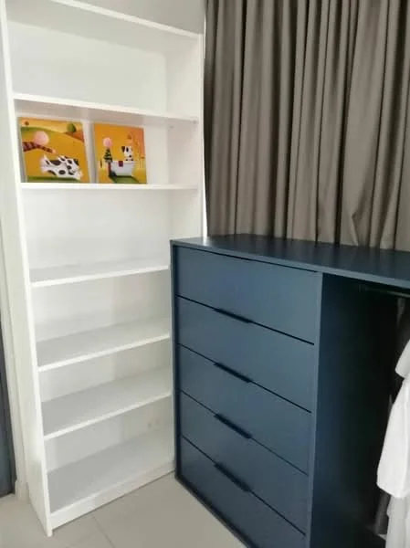 Room features: white open shelving unit, blue dresser with five drawers, grey curtains, tile flooring; style: modern.