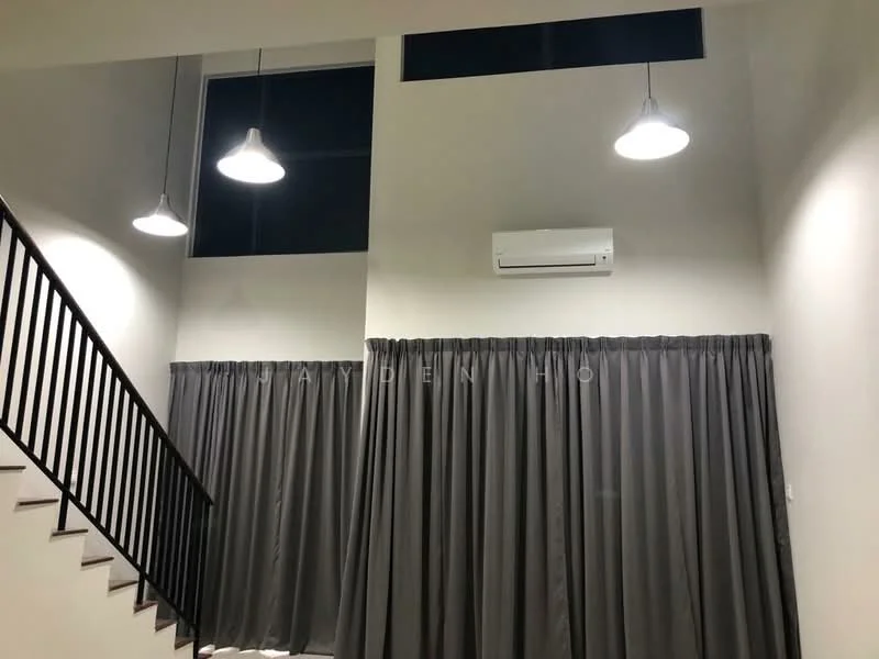 Room features: grey curtains, white walls, recessed downlights, 1 wall-mounted split AC, staircase with wooden railing; style: modern.