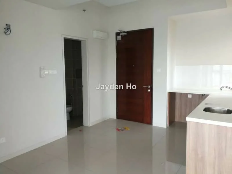 Room features: white painted walls, grey tiled flooring, single-bowl stainless-steel sink, kitchen countertop, wood cabinetry, door leading to bathroom, air conditioning unit, main entrance door; style: modern.