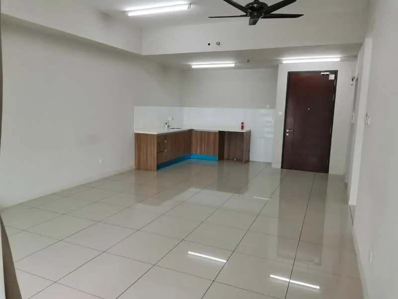 Living features: white painted walls, glossy ceramic tile flooring, recessed LED downlights, 5-blade ceiling fan, kitchenette with wooden cabinetry, single-bowl stainless-steel sink, white backsplash, countertop with blue accent, door to exterior, open layout; style: modern.