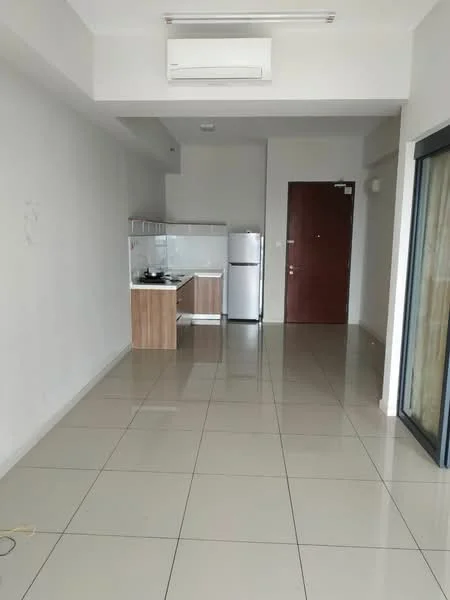 Living features: white painted walls, glossy ceramic tile flooring, recessed downlights, 1 wall-mounted split AC, floor-to-ceiling sliding glass door, kitchenette with white cabinetry, stainless-steel fridge, built-in stove, kitchen countertop with backsplash; style: modern.