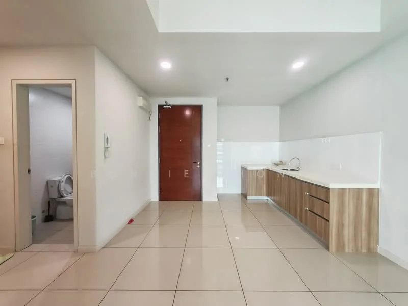 Kitchen features: white painted walls, cream tiled flooring, wood cabinetry, single-bowl stainless-steel sink, chrome pull-down faucet, white countertop, built-in oven, freestanding range oven, refrigerator space, open layout, wall-mounted light fixture; style: modern. Bathroom features: one-piece toilet, white tiled walls, cream tiled flooring, sink with cabinet, mirror above sink.