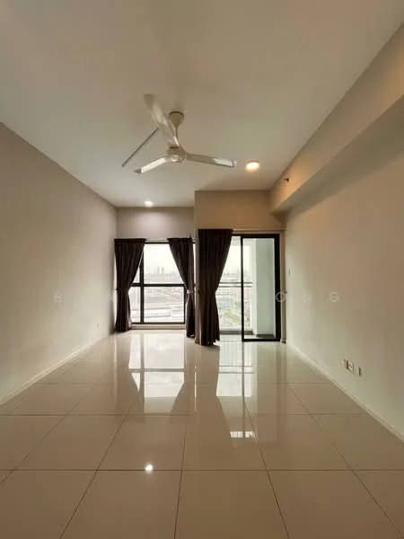 Living features: white painted walls, glossy ceramic tile flooring, 5-blade ceiling fan with light, floor-to-ceiling windows, sliding glass door, sheer curtains, dark brown curtains, recessed downlights; style: modern; view: city.