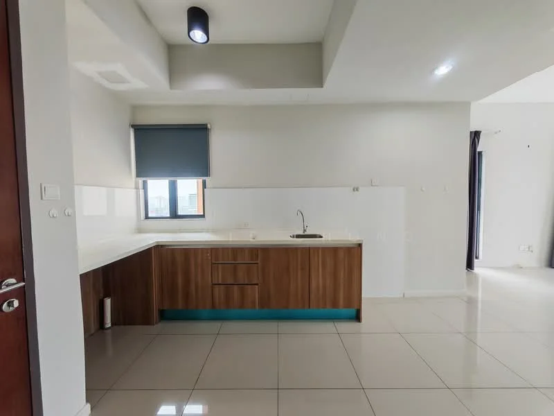 Kitchen features: L-shaped kitchen layout, white countertop, wood cabinetry, single-bowl stainless-steel sink, chrome pull-down faucet, white tiled backsplash, ceramic tile flooring, recessed downlights, window with roller blinds; style: modern. Room features: white painted walls, large window, neutral curtains.